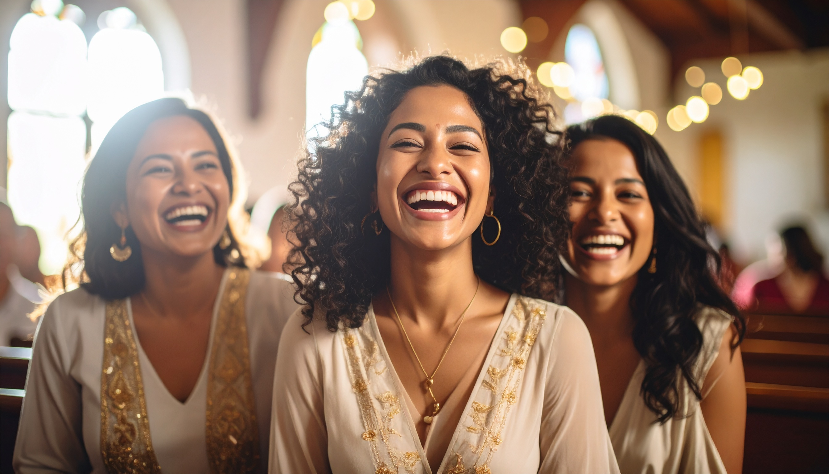 Happy people in a church, laughing together